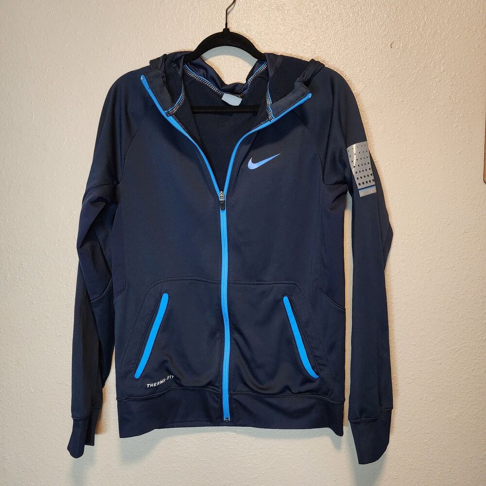 Nike Therma-FIT Navy Blue & Cyan Full Zip Running Hoodie Jacket Mens Small